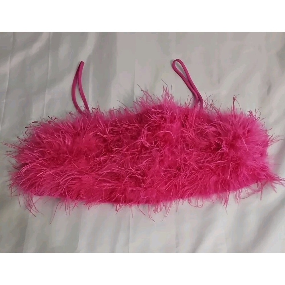 NEW Boohoo Hot Pink Cropped Feather Tank Top‎ Shirt Size 18